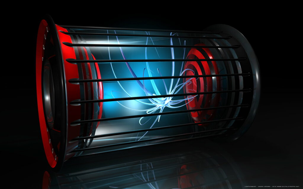 Containment 3D digital art futuristic cylinder black cage red accents glowing blue energy core wallpaper