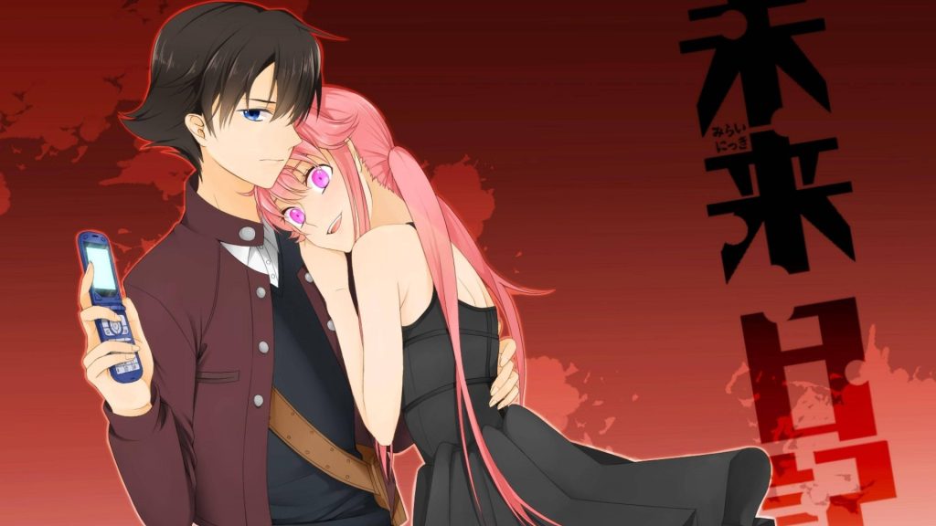 Future Diary anime wallpaper Yukiteru Amano Yuno Gasai romantic embrace dark red background