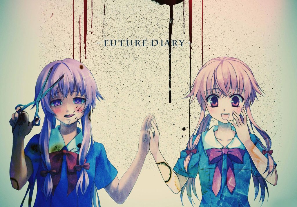 Future Diary Yuno Gasai anime wallpaper showing innocent and yandere sides with blood splatters