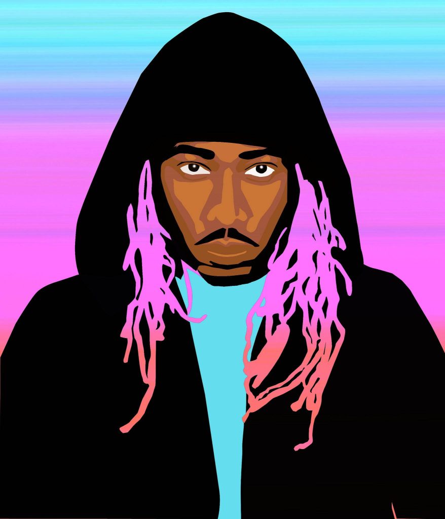 Stylized digital art wallpaper of rapper Future with vibrant pink hair on pink blue background