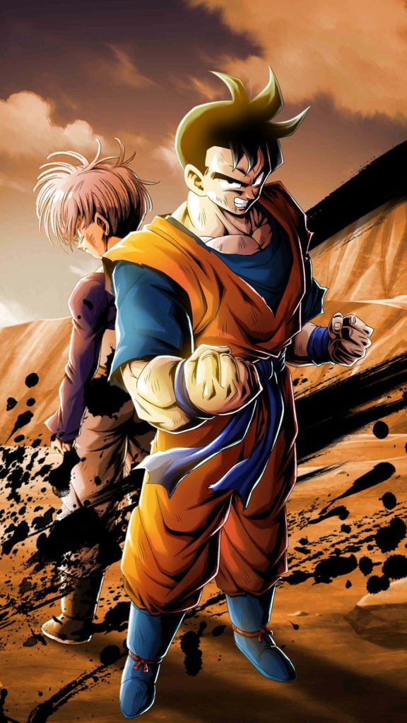 Dragon Ball Z Future Gohan smiling with clenched fists and Future Trunks sunset anime wallpaper