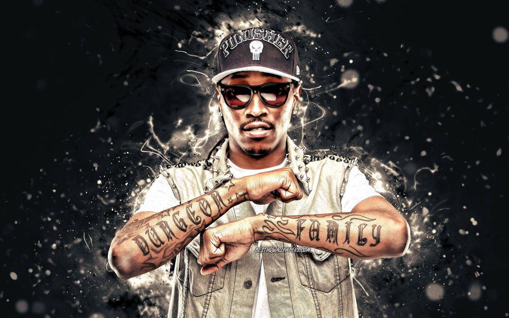 Digital art wallpaper of rapper Future in Punisher cap studded vest with smoke background
