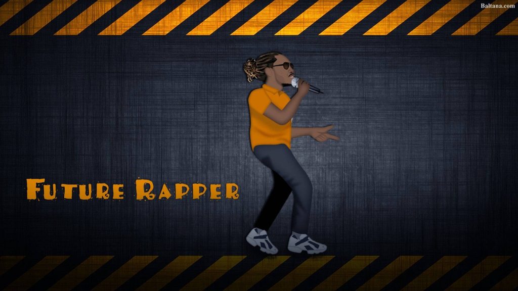 Rapper Future holding microphone with yellow hazard stripes urban hip-hop wallpaper background