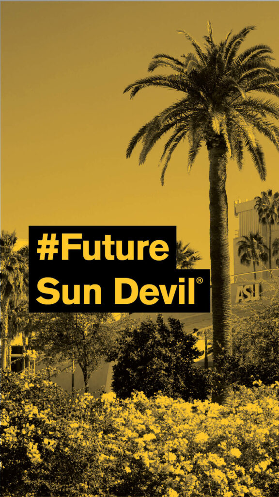 Vibrant Arizona State University campus wallpaper with coconut tree golden sky and Future Sun Devil text