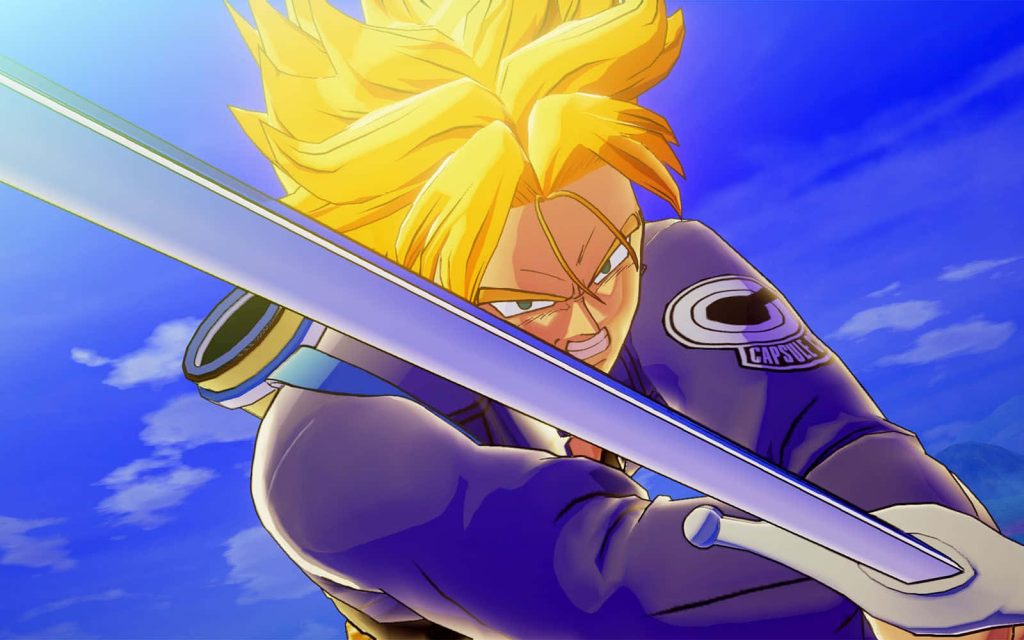 Future Trunks Super Saiyan 3D anime wallpaper with sword Capsule Corp jacket bright blue sky