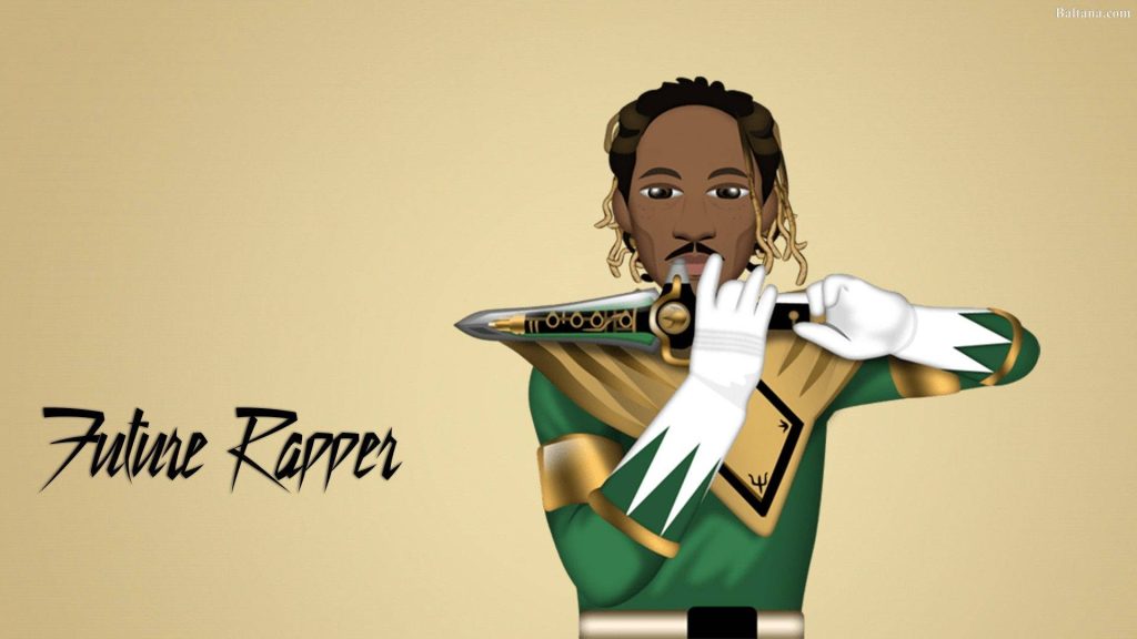 Digital illustration of rapper Future as Green Power Ranger holding Dragon Dagger on tan background Wallpaper