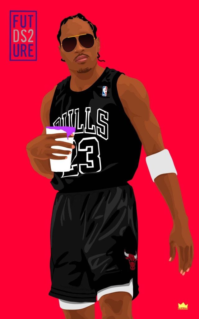 Digital illustration of rapper Future in black Bulls jersey holding foam cup on red background Wallpaper