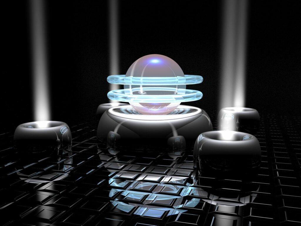 Futuristic Wallpaper: Glowing Sphere in Spiraling Rings Background