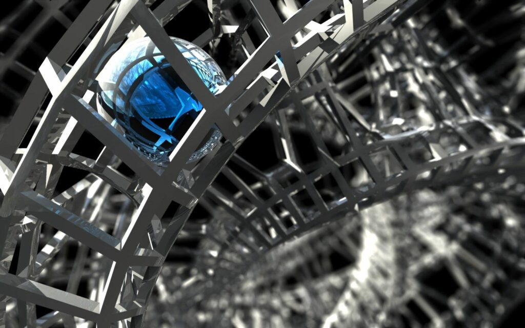 Futuristic 1680x1050 Wallpaper with Metallic Structure & Blue Sphere