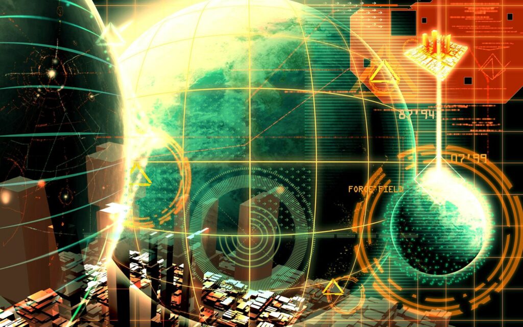 Futuristic Digital Wallpaper: Vibrant Green & Red Planetary Design
