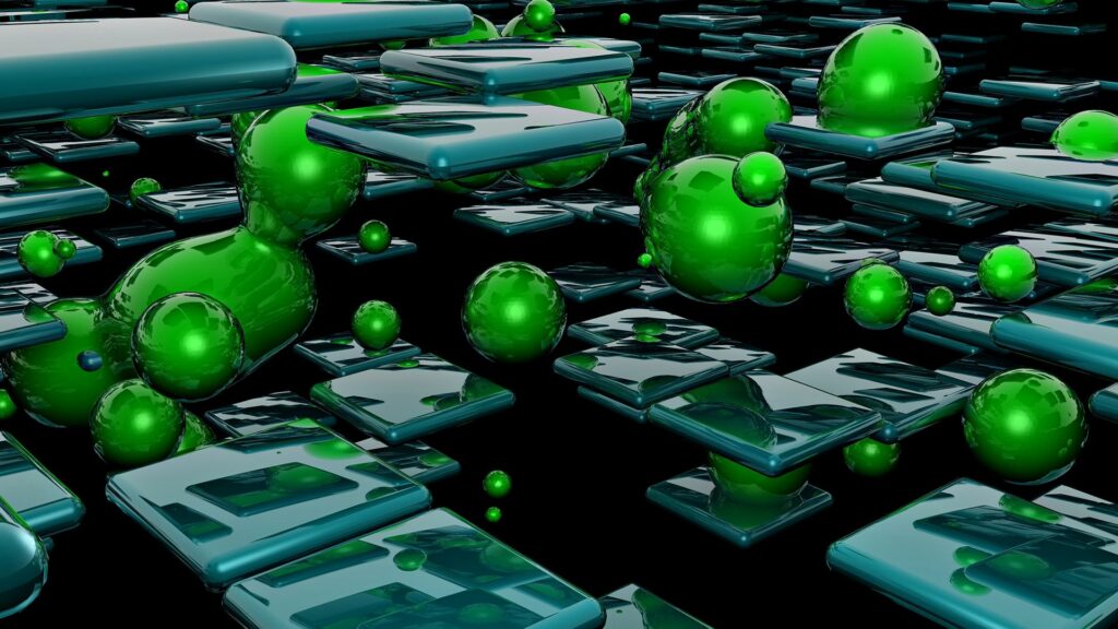 Futuristic 1920x1080 Wallpaper: Floating Green Spheres & Reflective Cubes