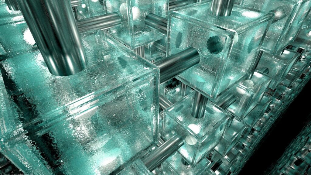 Futuristic Icy Blue Wallpaper: Complex Glass & Metallic Design