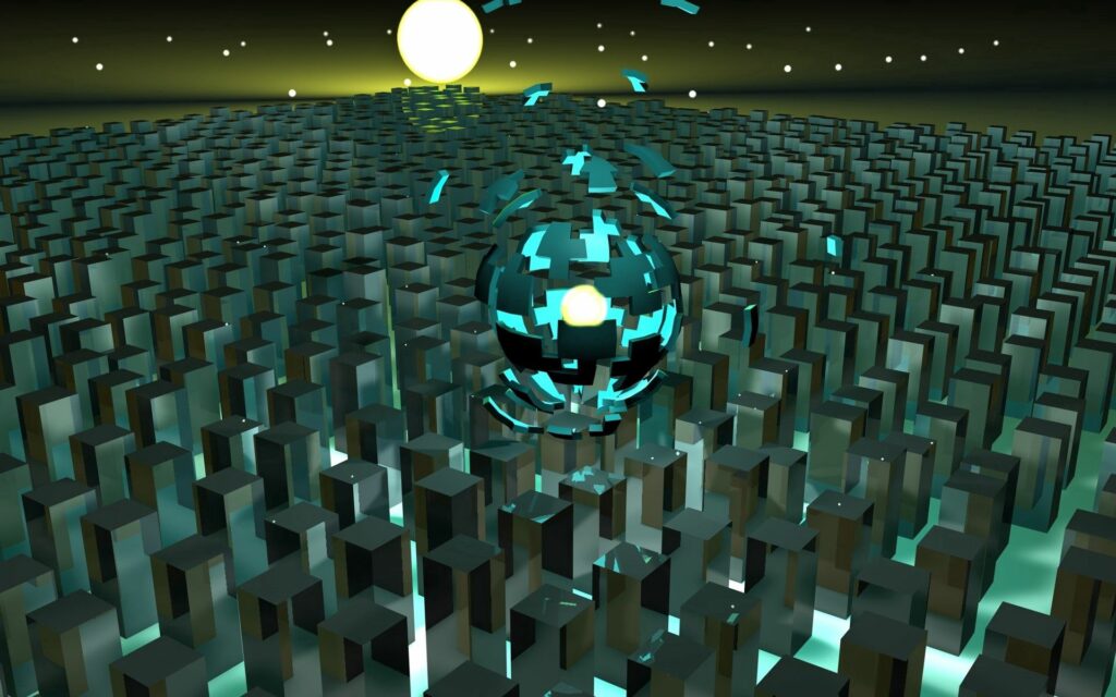 Futuristic 1920x1200 Wallpaper: Glowing Sphere & Reflective Cubes