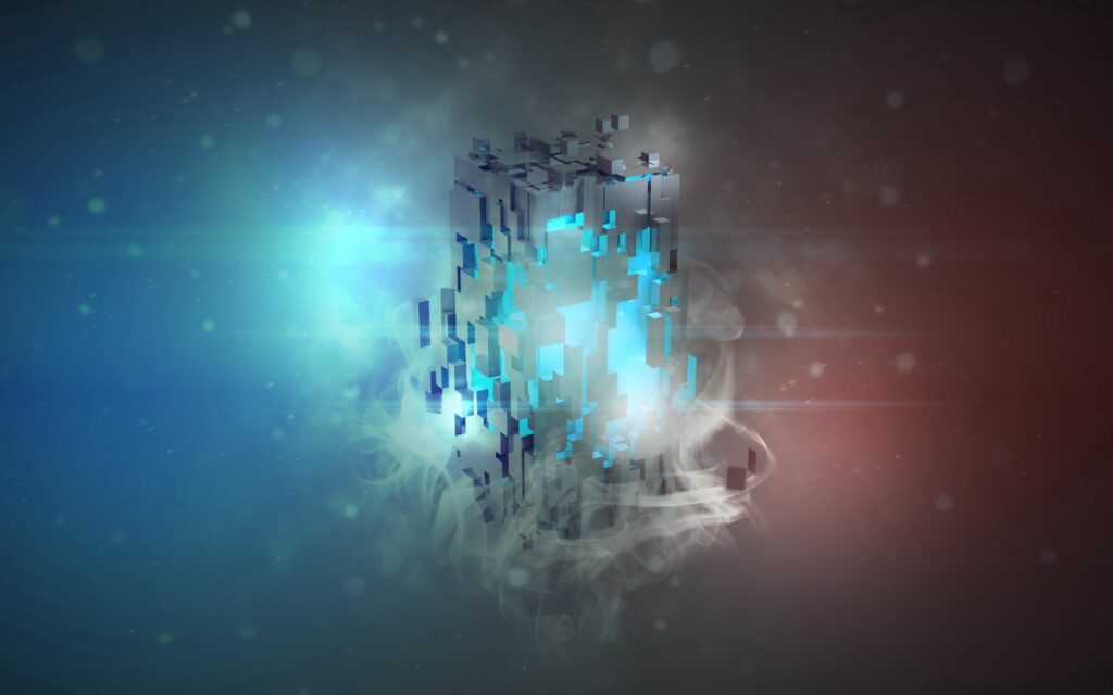 Futuristic Fragmented Structure Wallpaper: Blue & Red Glow Background
