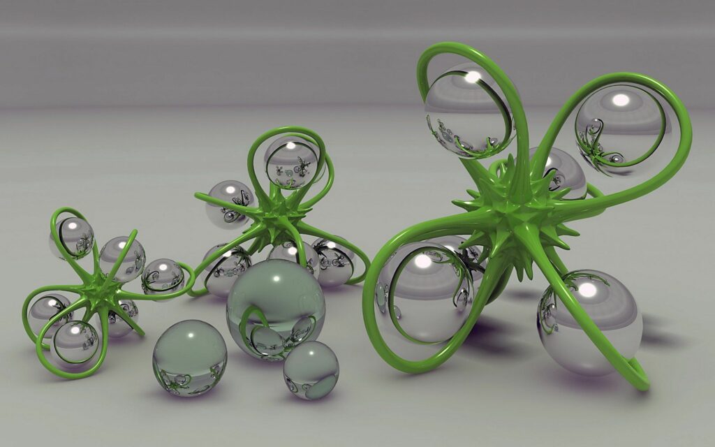 Futuristic 3D Wallpaper: Surreal Green Geometry & Reflective Spheres