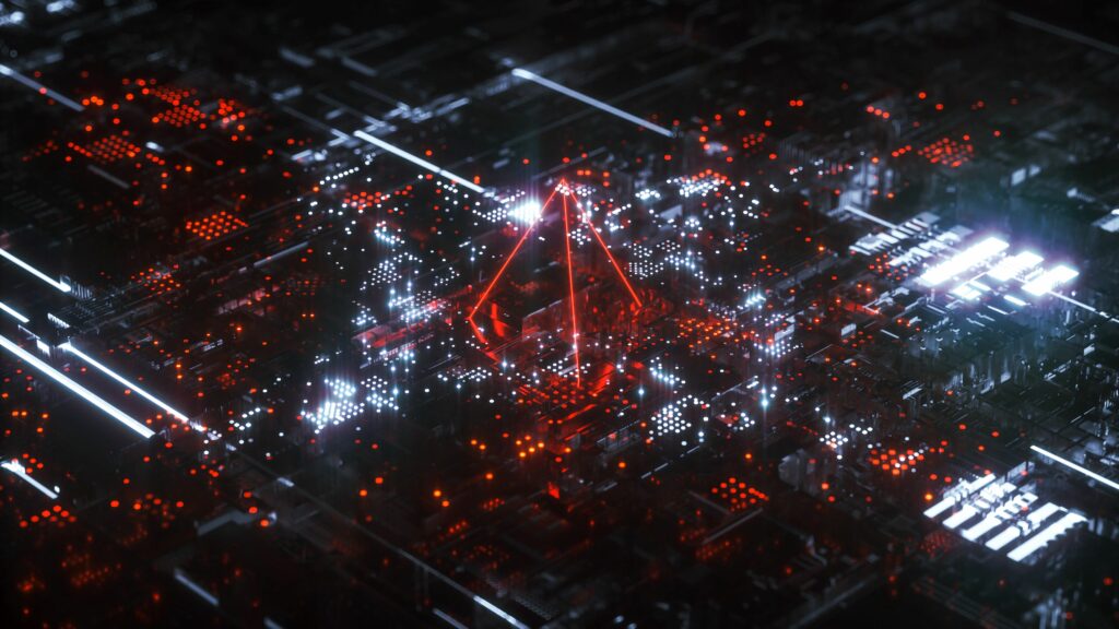 Futuristic Digital Interface Wallpaper: Red & White Illuminated Design