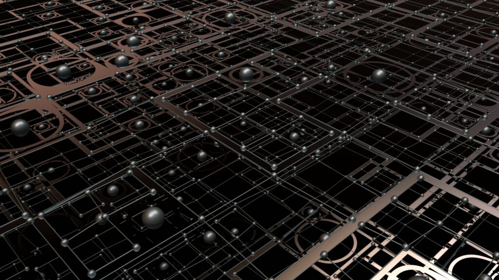 Futuristic 3D Geometric Wallpaper: Interwoven Lines & Metallic Balls
