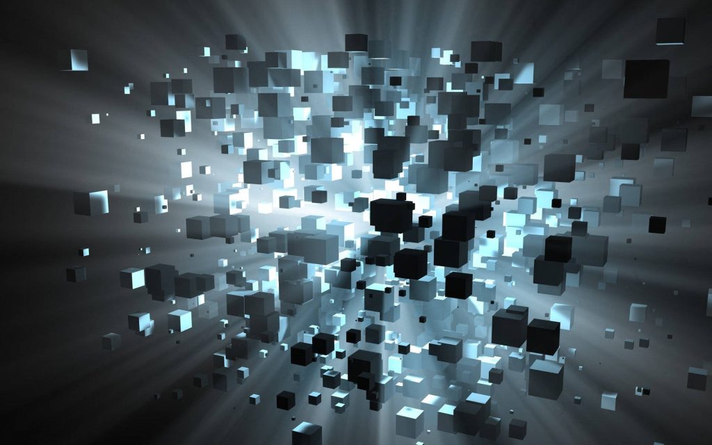 3D abstract digital wallpaper with floating black and grey cubes and bright volumetric lighting