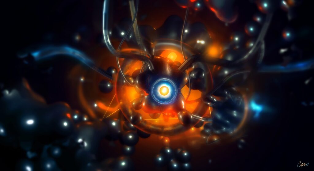 Futuristic 3D Abstract Wallpaper: Vibrant Orange, Blue & Black Design