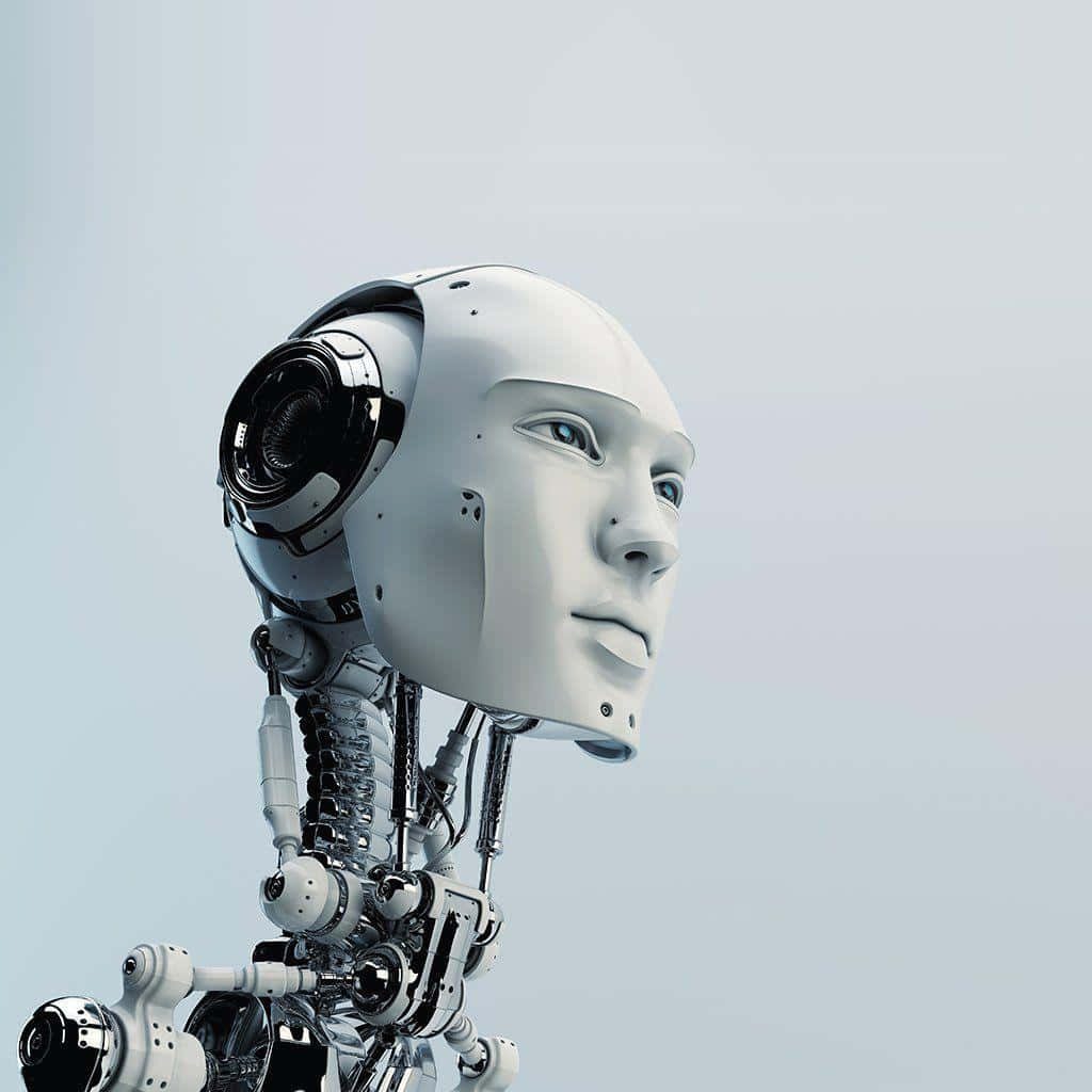 Futuristic 3D white android head with mechanical neck joints minimalist AI digital wallpaper