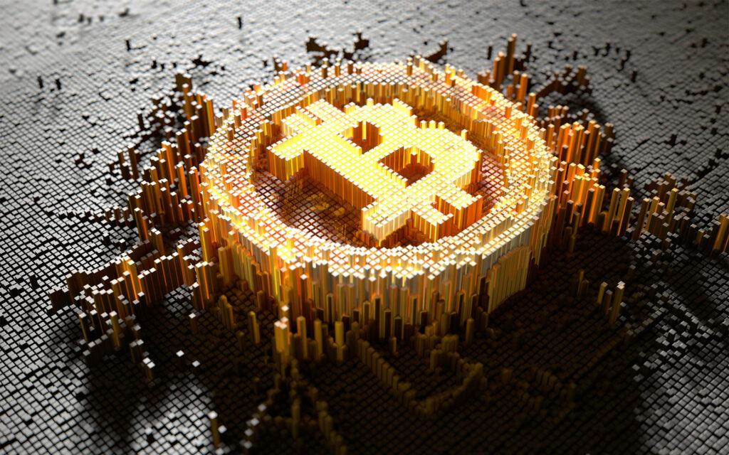 Futuristic 3D Bitcoin Logo Wallpaper: Pixelated Digital Currency Art