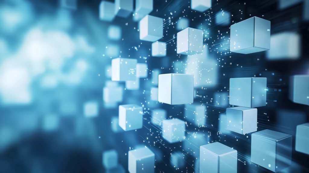 3D glowing cubes in blue void illustrating blockchain technology digital landscape wallpaper