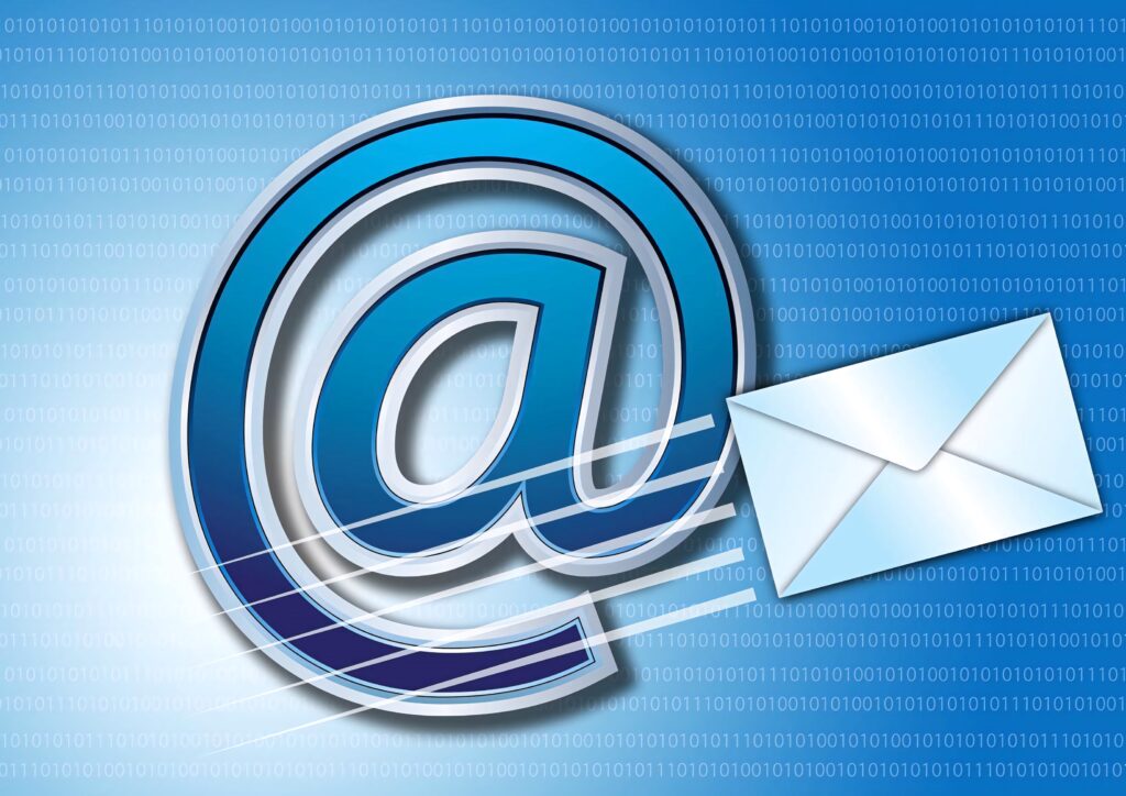 3D blue at symbol with flying envelope on binary code background modern email communication wallpaper