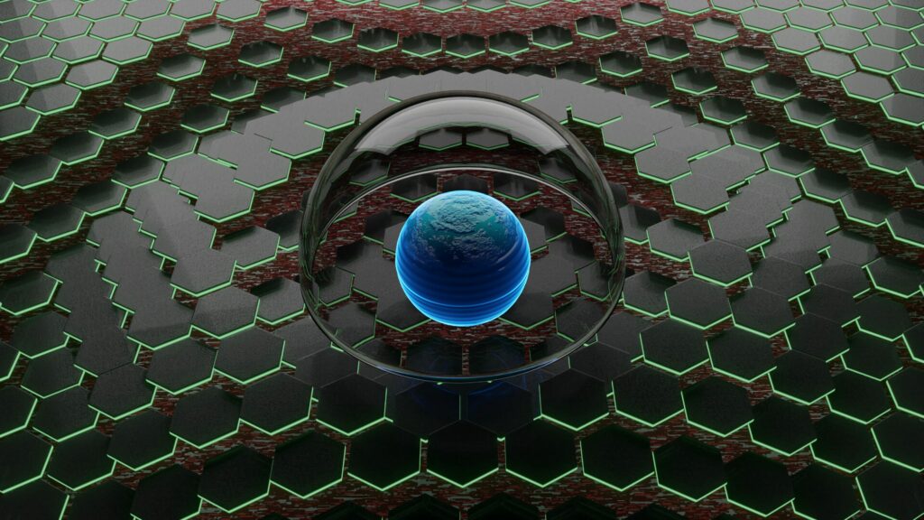 Stunning 3D Blue Sphere in Glass Dome with Neon Green Hexagonal Grid Wallpaper