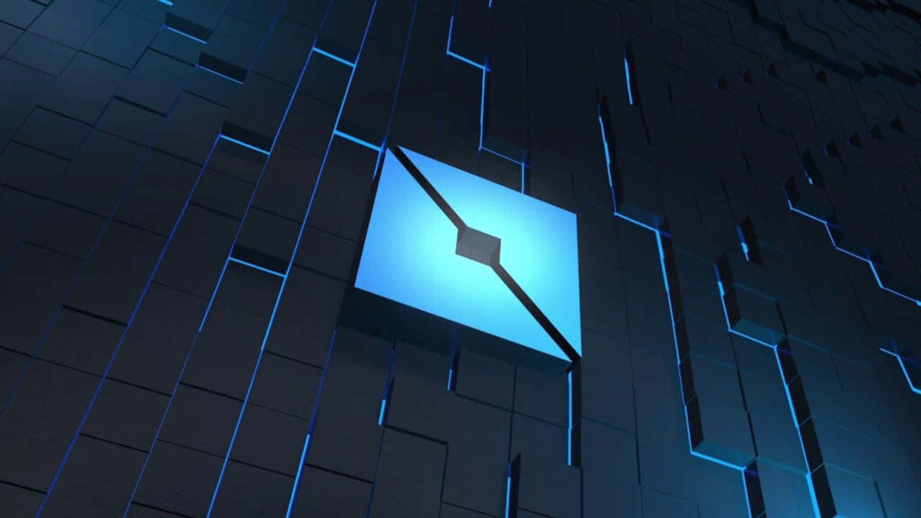 3D Blue Square Logo Wallpaper with Textured Geometric Background