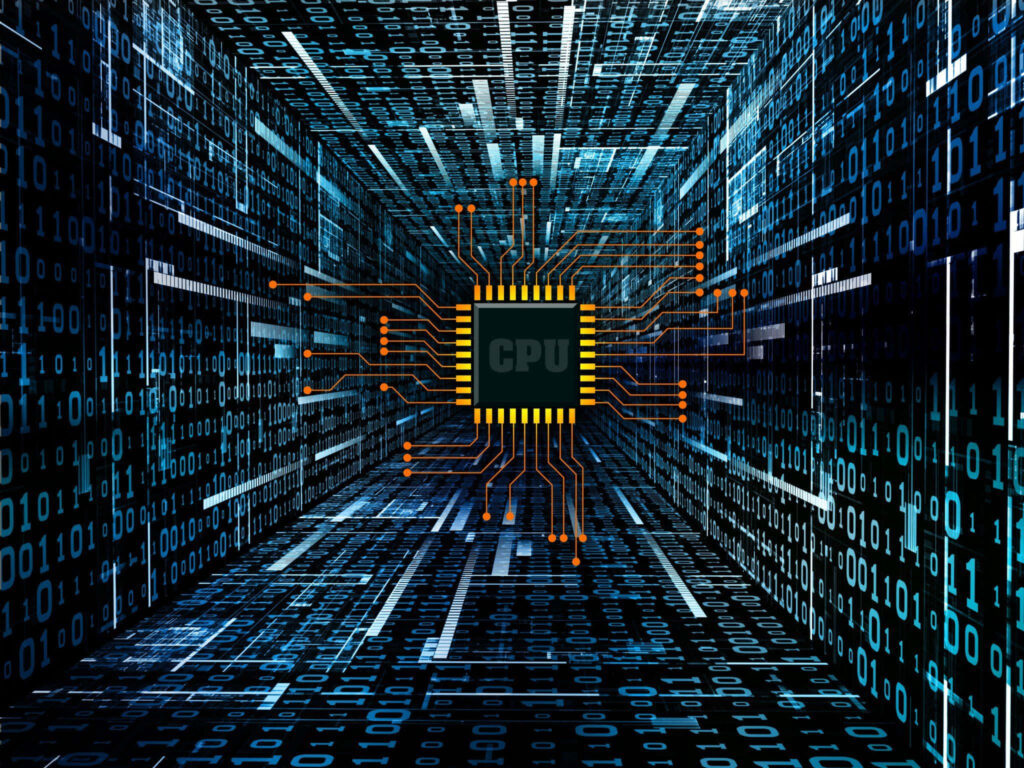Futuristic 3D CPU Wallpaper with Glowing Binary Code Background