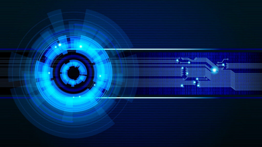Futuristic 3D Circuit Wallpaper: Glowing Blue Design on Dark Background