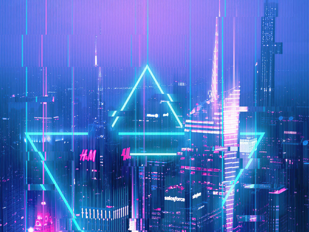 Futuristic Neon 3D City Skyline Wallpaper: Blue & Pink Holographic Design