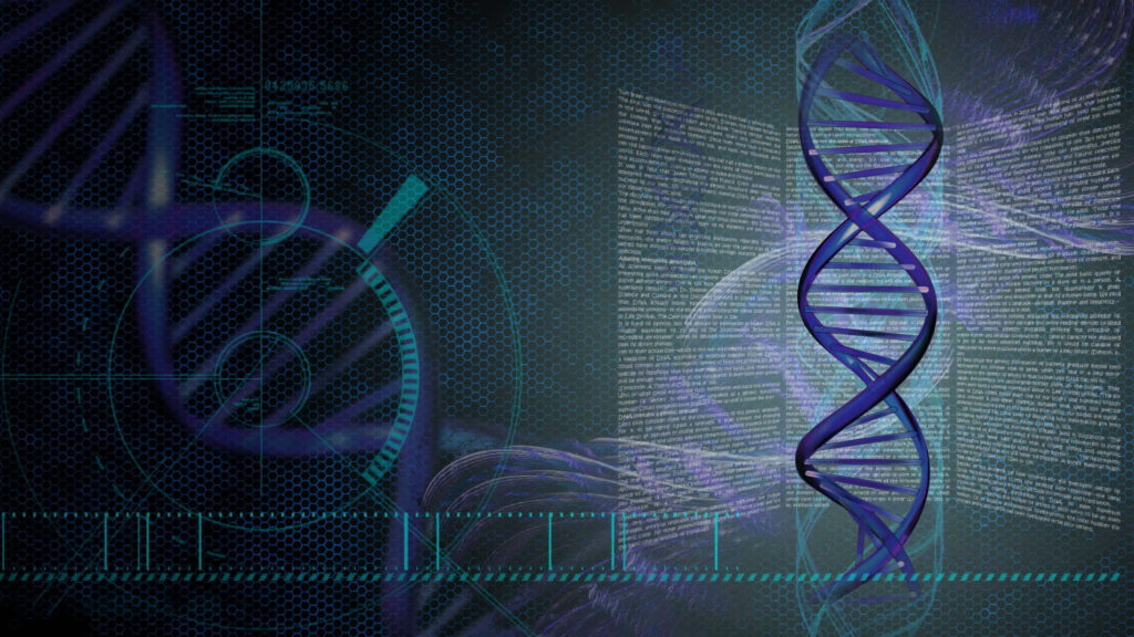 3D double helix DNA with digital data streams in futuristic blue and purple technology wallpaper background