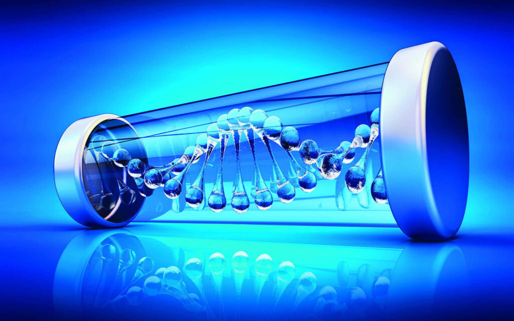 3D DNA double helix inside transparent test tube on vibrant blue biotech molecular research background Wallpaper
