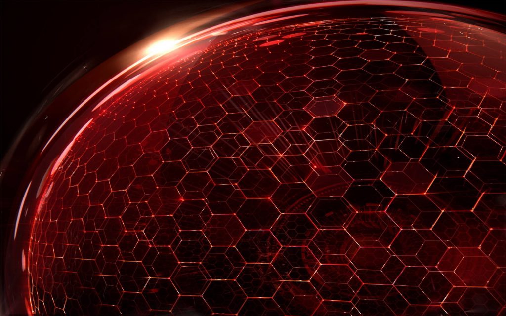 Futuristic dark sphere with glowing red hexagonal grid tech wallpaper background digital art