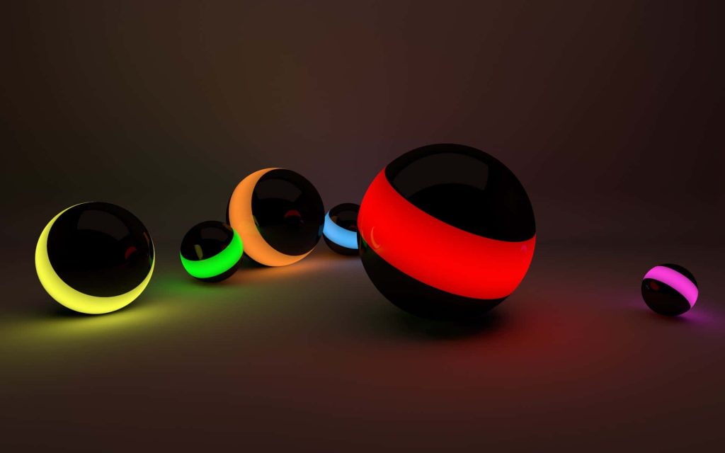 Futuristic 3D digital wallpaper with glossy black spheres and vibrant neon rings in HD background