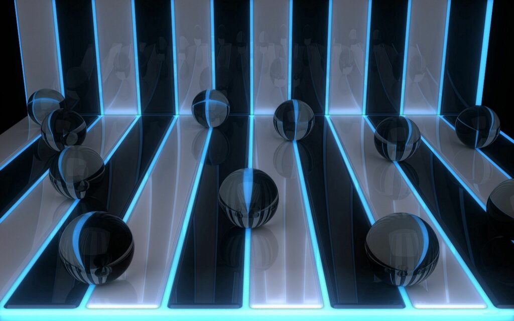 Futuristic 3D Digital Art Wallpaper: Reflective Spheres & Blue Lines