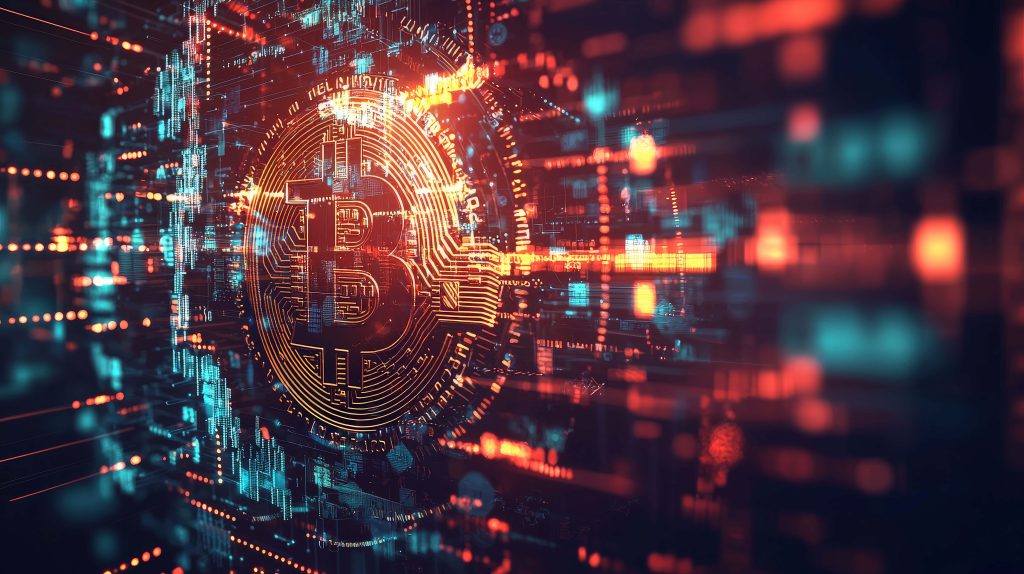 Futuristic 3D glowing golden Bitcoin with intricate circuits dark neon data stream background Wallpaper