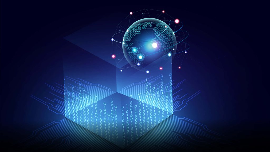 3D digital cube with binary data and glowing wireframe globe over circuit board background Wallpaper