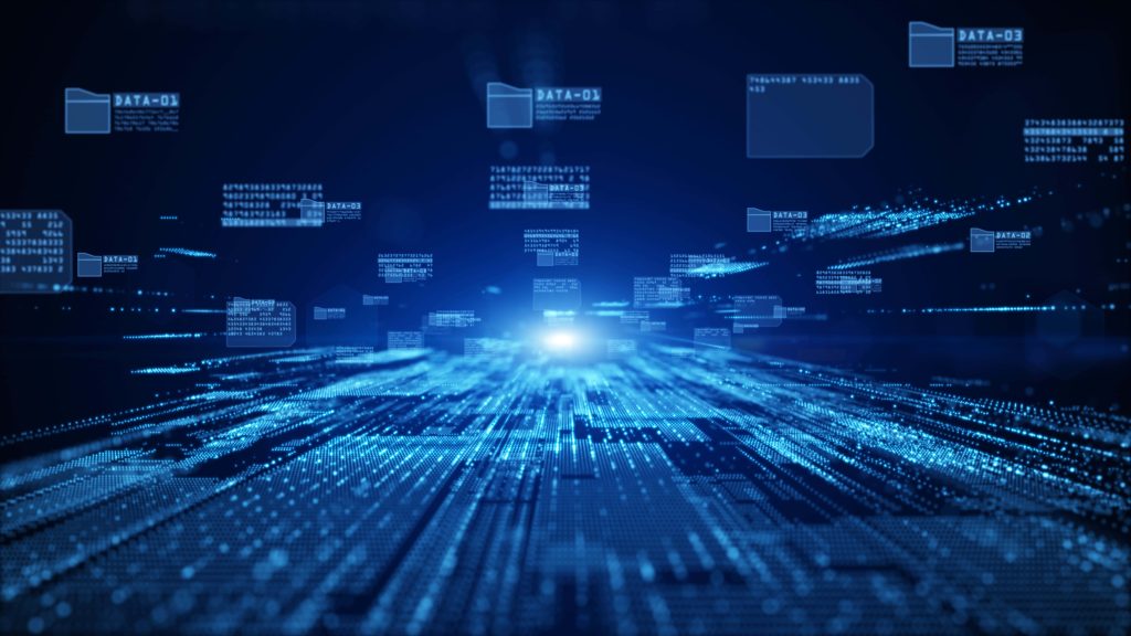 Futuristic 3D desktop wallpaper with glowing code streams floating data icons and blue network grid