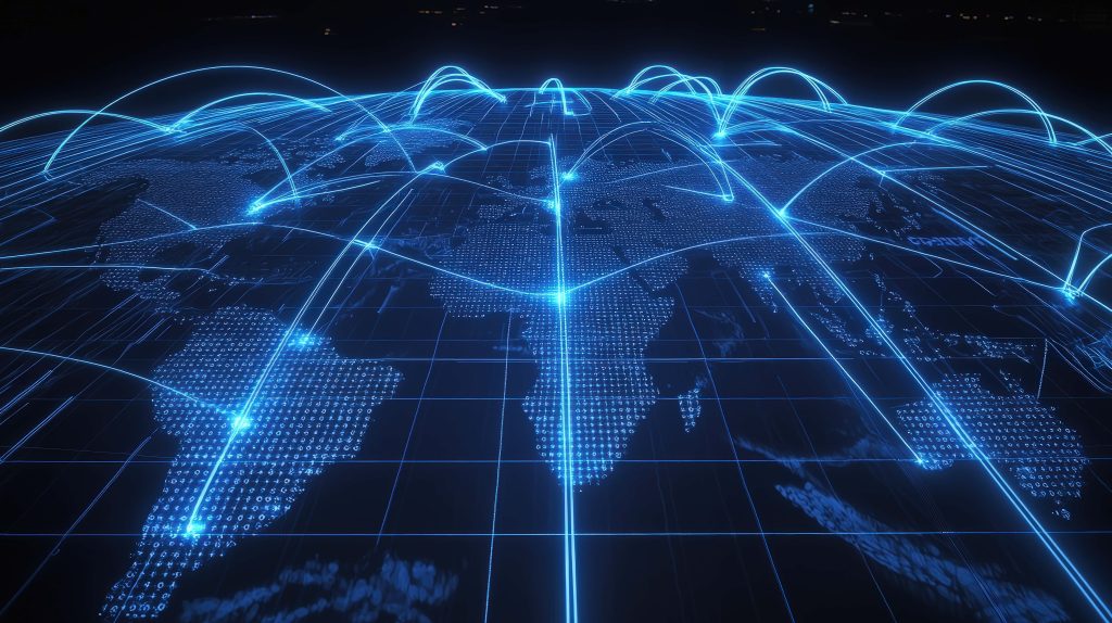 Glowing blue digital globe with arcs of light illustrating global network connectivity background Wallpaper