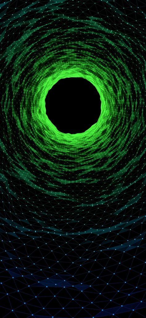 Futuristic 3D digital tunnel iPhone wallpaper neon green to blue wireframe mesh on black background