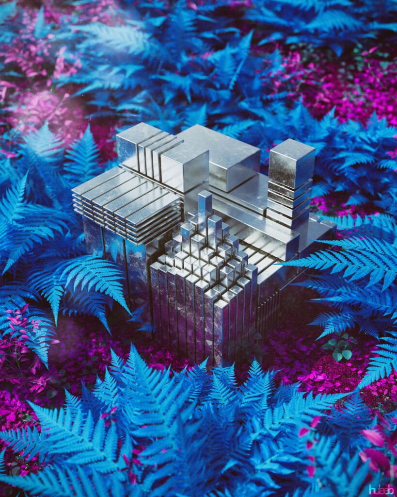 Futuristic 3D Geometric Wallpaper: Metallic Cubes & Vivid Nature
