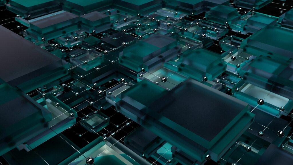 Futuristic 3D Geometric Wallpaper in Teal and Dark Blue