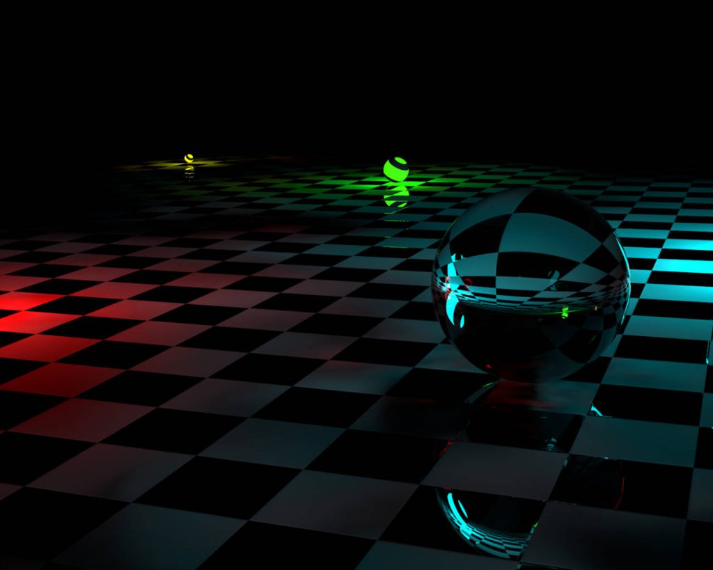 Futuristic 3D digital art with glossy reflective spheres on a neon lit dark checkered floor wallpaper