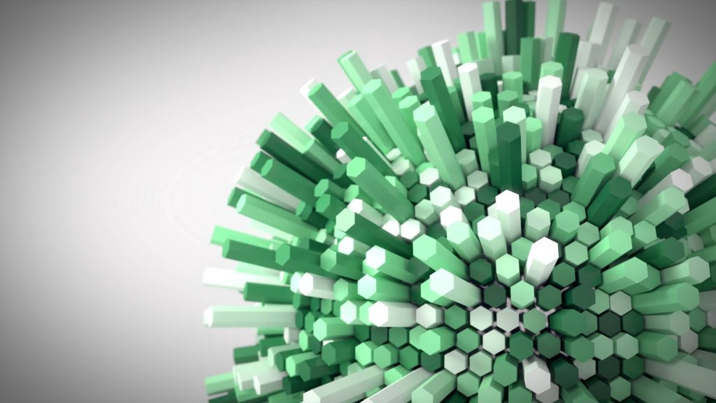 3D CGI wallpaper with green hexagonal prisms cluster in mint and forest tones on gradient background