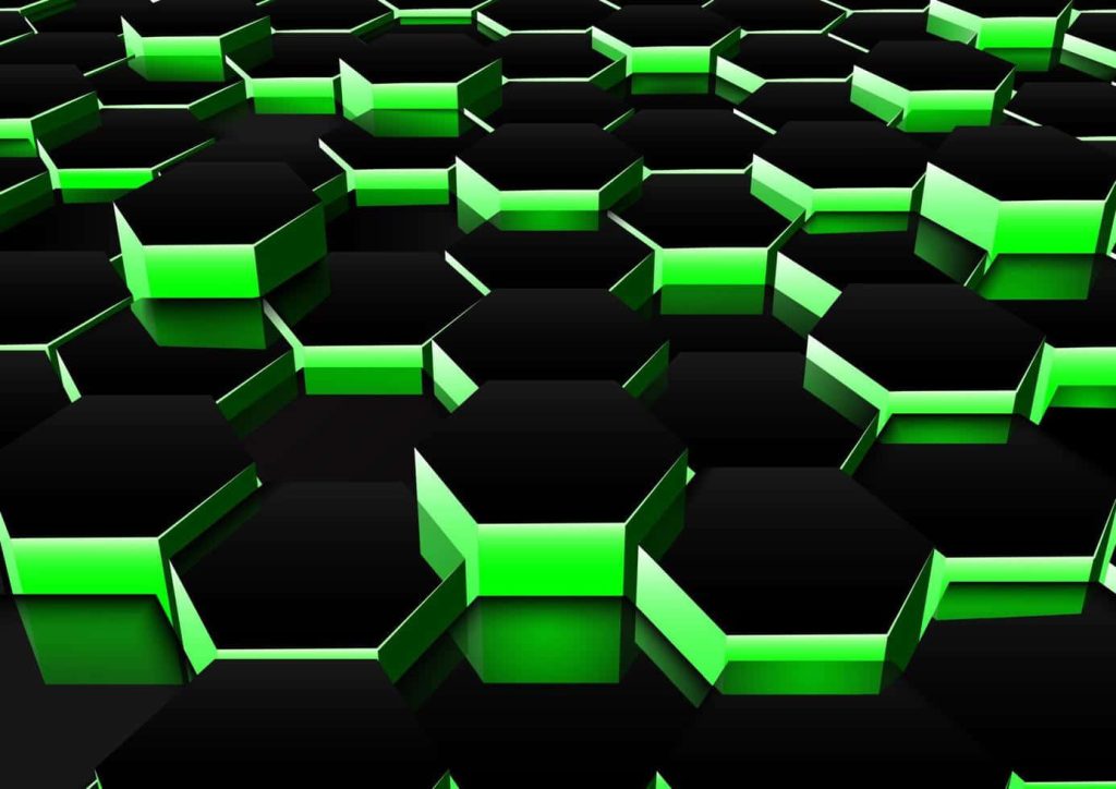 3D black hexagon wallpaper with vibrant neon green lighting modern tech background design