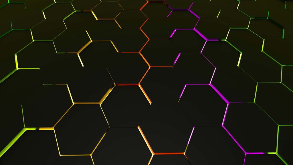 3D hexagonal dark matte tiles with vibrant neon purple orange green lighting futuristic wallpaper
