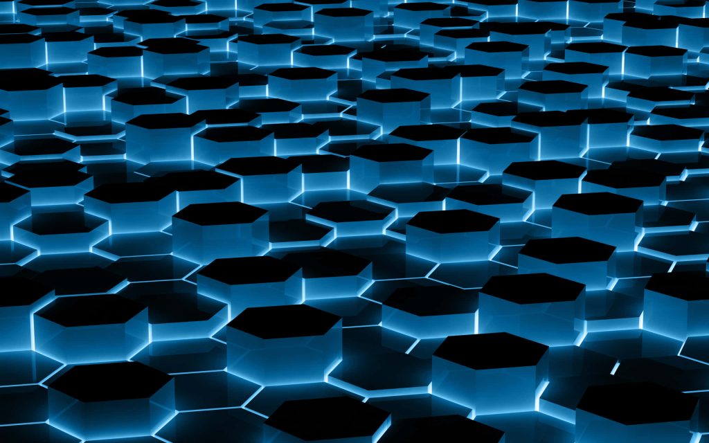 Futuristic 3D hexagonal pillars with neon blue edges on dark high-tech geometric wallpaper background