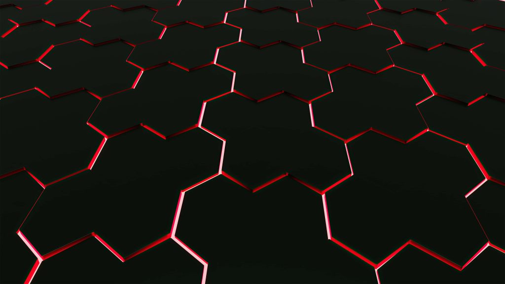 Futuristic 3D black hexagonal tiles with glowing red seams tech wallpaper background design
